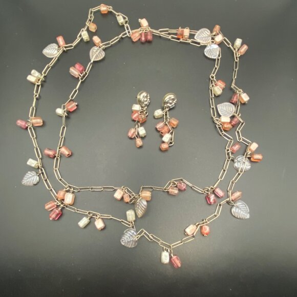 Pink Silver Tone Necklace Earring Set Leaf Accents 46" Paperclip Chain 2" Dangle - Picture 3 of 7